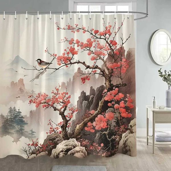 Japanese-style floral and bird shower curtain featuring abstract mountain and red plant ink art landscape design for bathroom decor