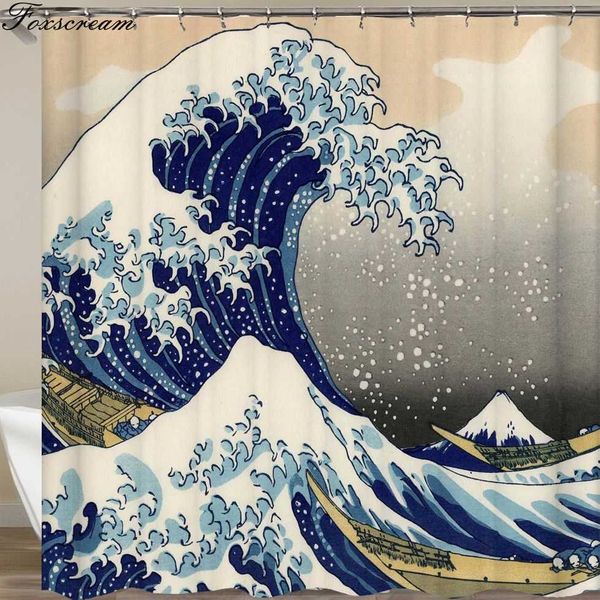 Japanese-style shower curtain featuring The Great Wave off Kanagawa design with waterproof sea wave pattern for bathrooms