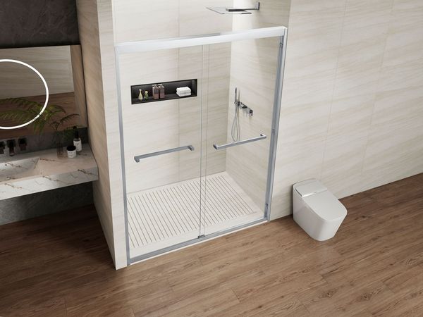 K01-Chrome Modern Shower Door with Bypass Design, Tempered Glass Shower Enclosure and Frameless Door System