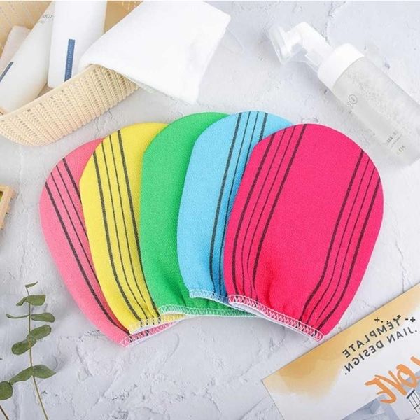 Korean exfoliating bath glove for body and face scrub, tan removal, and massage