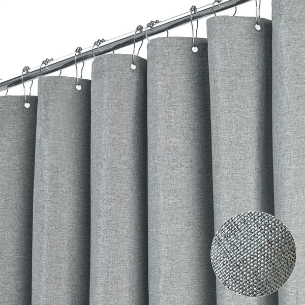 KWater elegant gray linen polyester shower curtain, waterproof with hooks, Japan size 220cm