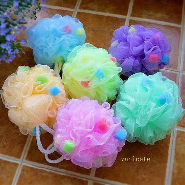 Large 30g colorful kids bath brushes with sponge balls for foaming and back scrubbing, featuring lovely personalized bath flowers for children 9247