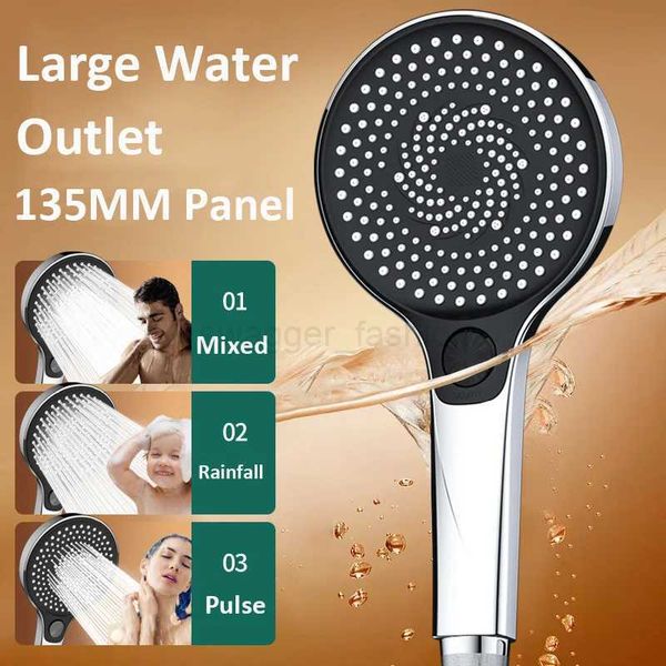 Large black shower head with 3 spray modes, high pressure, water-saving design and wide rainfall coverage