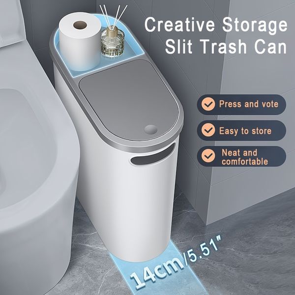 Large capacity press-top bathroom trash can with easy-open lid and space-saving design for efficient waste disposal