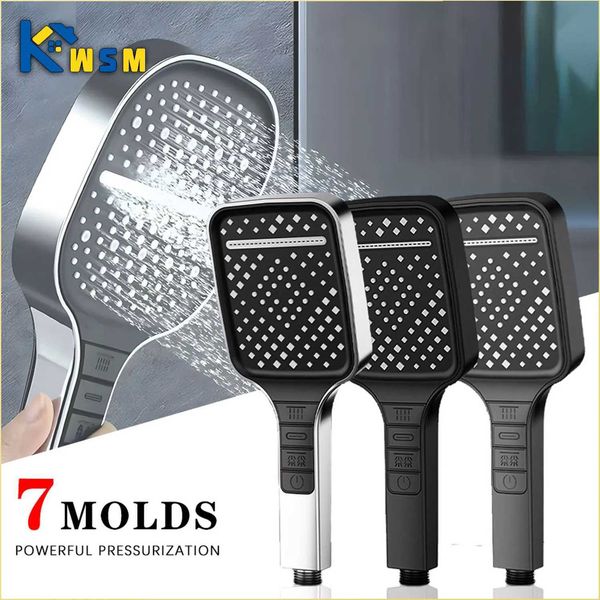Large showerhead featuring 7 adjustable modes for high-pressure, water-saving performance, a spacious bathroom accessory
