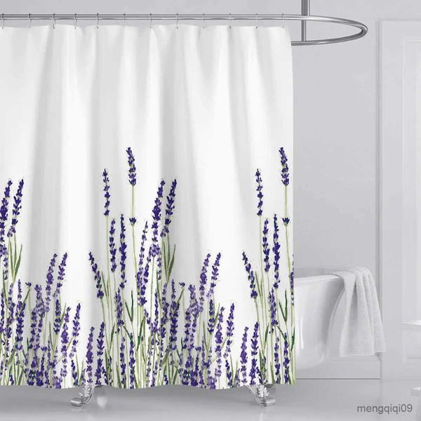 Lavender waterproof shower curtain featuring purple floral plant design for bathroom or bathtub use