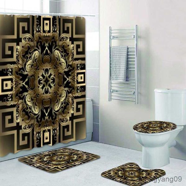 Lavish gold floral shower curtain set with matching bath mat for elegant bathroom decor
