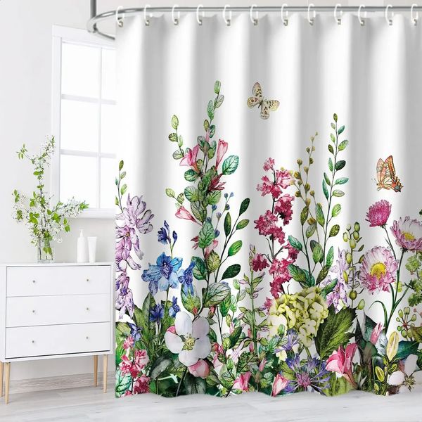 Leafy green floral shower curtain for bathroom decor with wildflower patterns