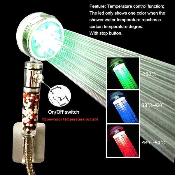 LED Anion Shower Head with Rainfall SPA, Temperature Control, Water Saving Pressurized Handheld Shower in 3/7 Colors for Bathroom