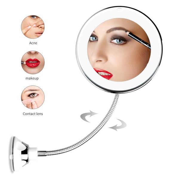 LED makeup mirror with 360-degree rotation and 10x/5x magnification, featuring a suction cup for bathroom use