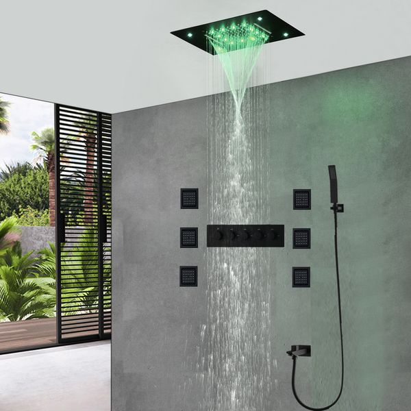 LED shower panel with 304 stainless steel ceiling-mounted rainfall showerhead, thermostatic mixer, black faucet, and body massage jets