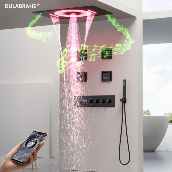 LED Smart Hot & Cold Shower System with Brass Square Faucet and Modern Ceramic Gold Brushed Hotel Shower Set