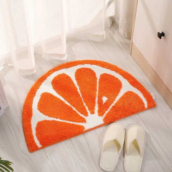 Lemon-shaped half-round bath mat with anti-slip cozy orange fluffy rug for bathrooms and indoor use