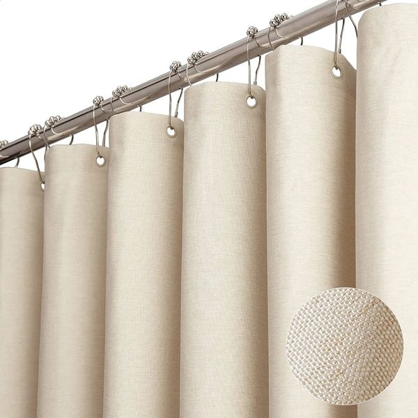 Linen shower curtains for bathroom, waterproof and thick fabric featuring silver metal hooks, large bathtub cover