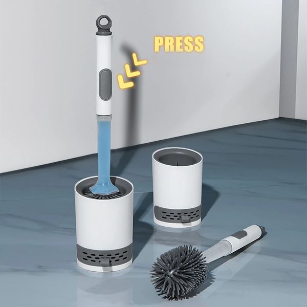 Long flexible silicone toilet brush with bendable head for bathroom cleaning