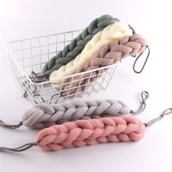 Long mesh shower sponge for back scrubbing and body exfoliation with foaming wash brush