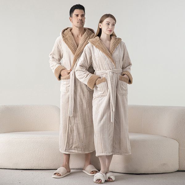 Long nightgowns for autumn/winter, plus-size bathrobes, jacquard hooded pajamas for men and women, thick fabric