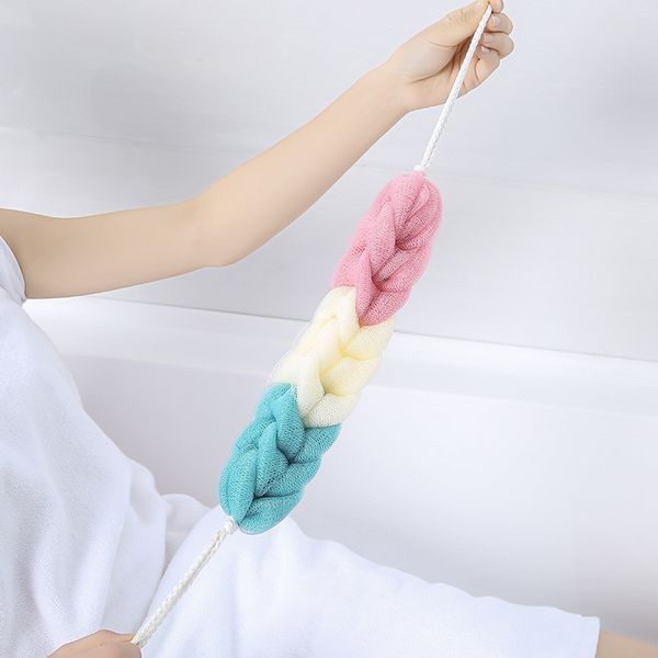Long strip exfoliating bath towel for gentle body scrubbing with soft mesh sponge, ideal bathroom cleaning accessory BH6666 TYJ