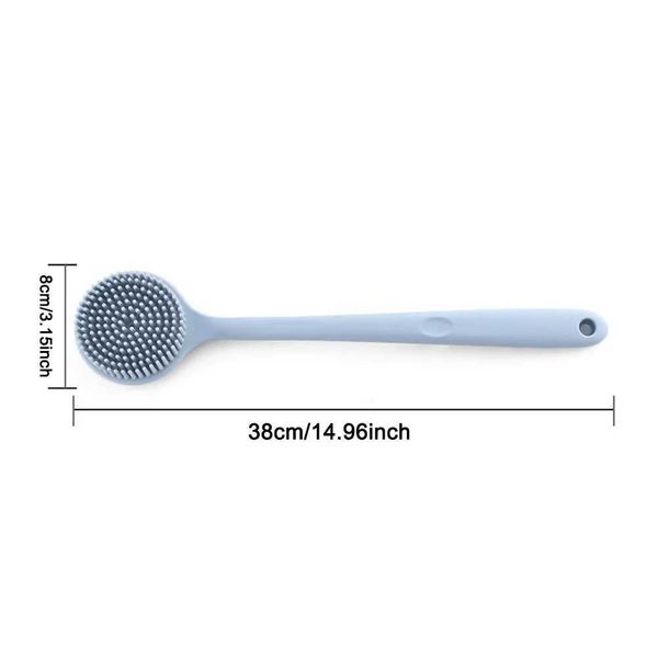 Long-handled silicone bath brush with dual-sided shower head, soft bristles, and anti-slip grip for back washing