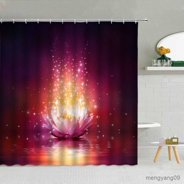 Lotus-patterned shower curtain featuring a starry sky with glowing moon and flowers, machine-washable fabric for bathroom decor