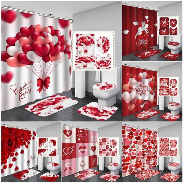 Love-themed Valentine's Day bathroom set featuring rose-patterned shower curtain, toilet lid cover, and floor mat for home decor