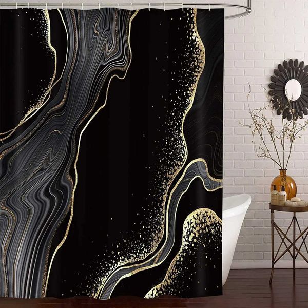Luxurious black and gold marble-patterned shower curtain with abstract geode design, featuring textured polyester fabric and included hooks