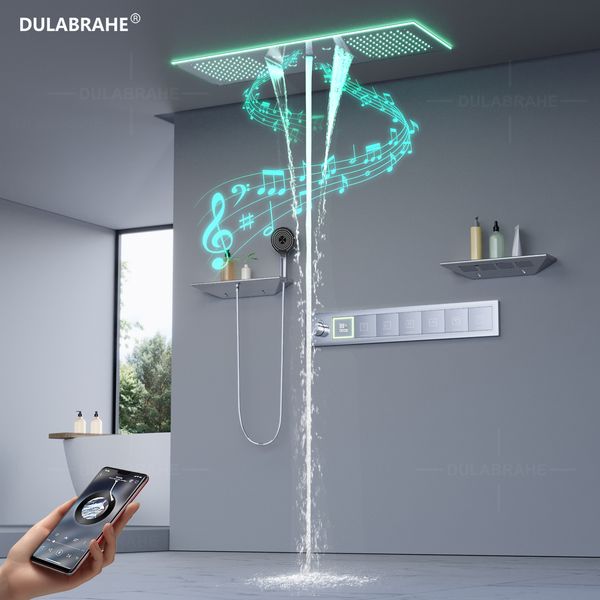 Luxury 6-function LED shower panel with atomized water column and square showerhead, 90x30cm, for a spa-like experience