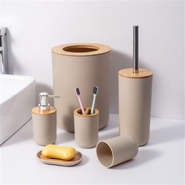 Luxury 6-piece bamboo bathroom set featuring toothbrush holders, soap dispenser, waste bin, and toilet brush