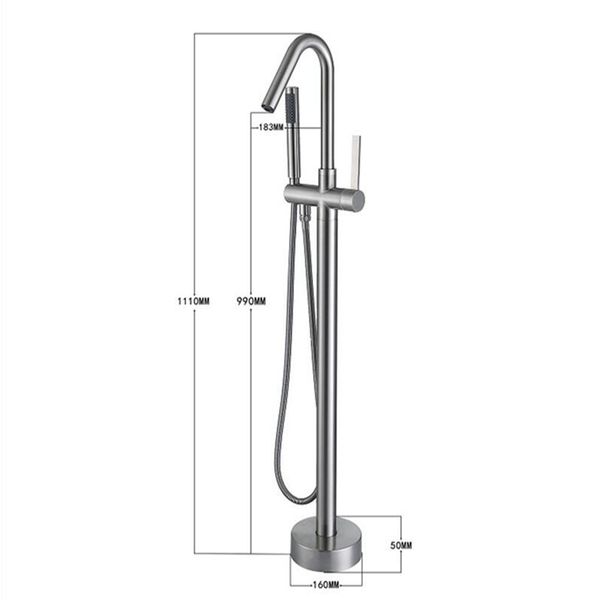 Luxury bathroom bathtub faucet with hot and cold mixer taps, standing stainless steel tub spout and shower