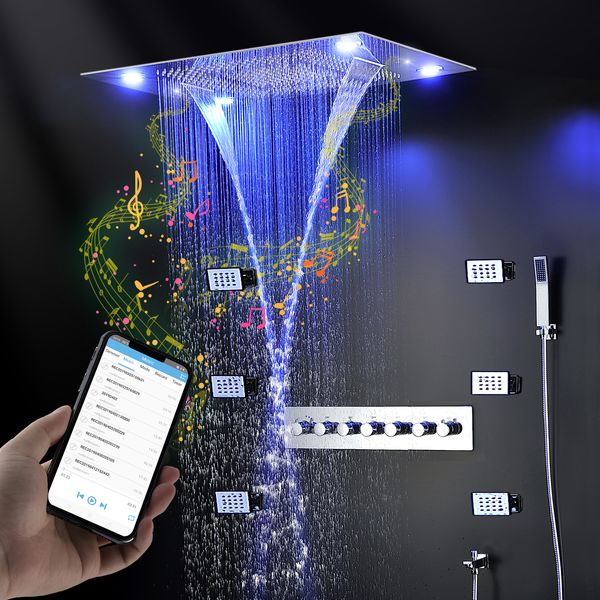 Luxury Black Shower Set with Bluetooth Music, Colorful LED Shower Panel, Thermostatic Mixer Faucet and Massage Body Jets