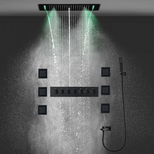 Luxury ceiling-mounted LED shower system with thermostatic mixer, black waterfall faucet, rainfall showerhead panel, and massage body jets