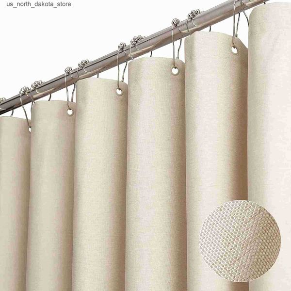 Luxury waterproof linen shower curtains with silver metal hooks for large bathtubs