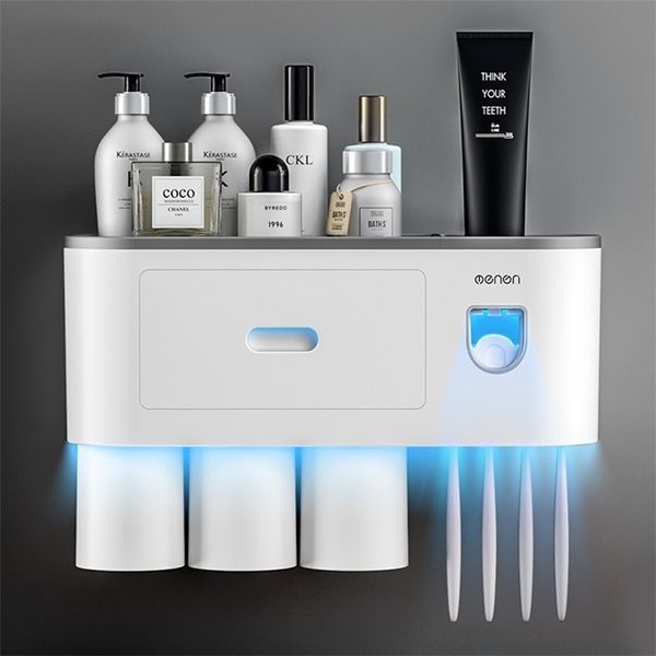 Magnetic wall-mounted bathroom organizer for toothbrush and toothpaste storage