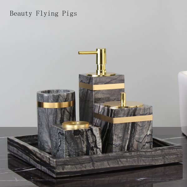 Marble soap dispenser for liquid soap  
Toothbrush holder with cup  
Cotton swab storage box  
Soap dish and bathroom tray  
Household bathroom essentials