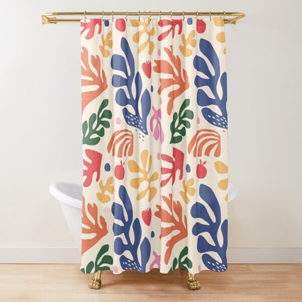 Matisse-inspired modern geometric shower curtain with boho aesthetic, pastel tones and trendy bathroom decor featuring hook design