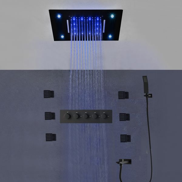 Matt black LED shower set with waterfall rainfall showerhead, thermostatic mixer, body jets, and faucets in 20x14 inch size