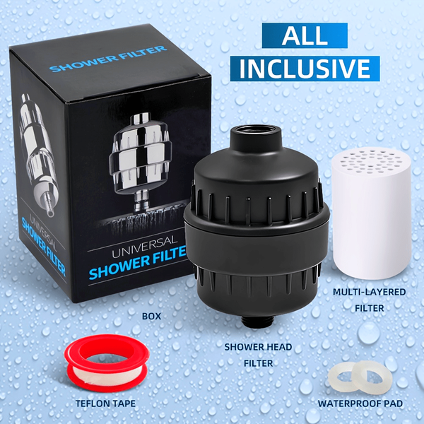 Matte black 20-stage shower filter with stainless steel oval design for soft water hair care