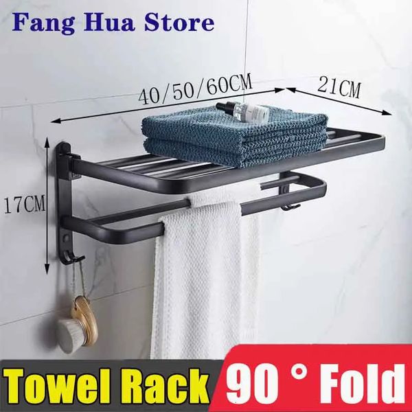 Matte black adjustable towel rack (40-60cm) with hooks, wall-mounted aluminum shower rail for bathroom storage