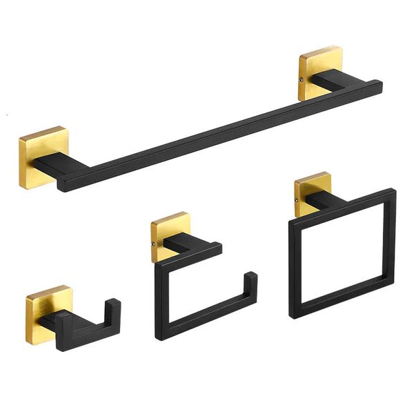 Matte black and gold bathroom accessory set including wall-mounted towel holder, toilet paper holder, towel ring, and robe hook in stainless steel hardware