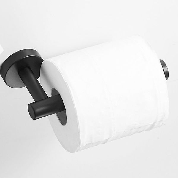 Matte black bathroom hardware set featuring a robe hook, single towel bar, and paper holder in durable stainless steel