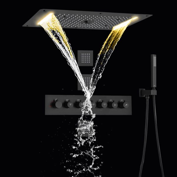 Matte black shower set with LED thermostat, 70x38cm multi-function waterfall system including handheld spray