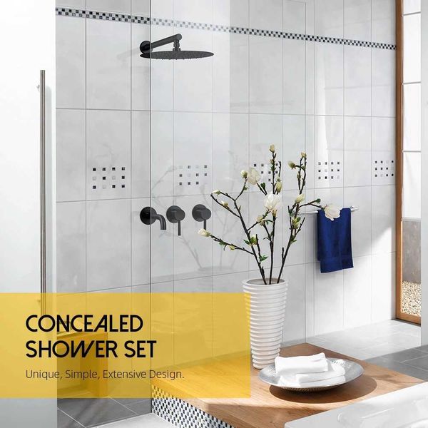 Matte black shower set with rainfall head, brass mixer tap, and 2-way Sedal cartridge for hot-cold water control