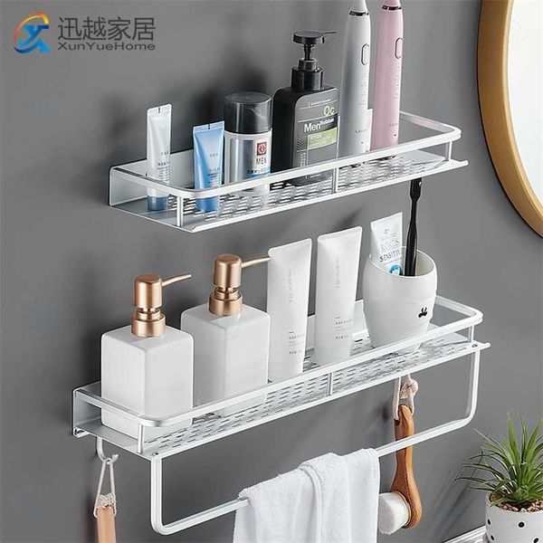 Matte silver aluminum shower shelf with hooks for bathroom and kitchen organization