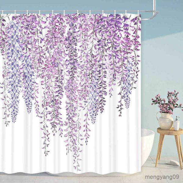Mauve cherry blossom shower curtain featuring purple lilac sakura and spring floral geometric designs, perfect for a girls' bathroom set