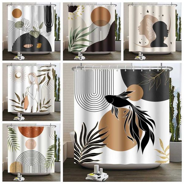 Medieval-inspired abstract Bohemian bathroom curtain featuring minimalist arches, solar motifs, and Nordic geometric patterns