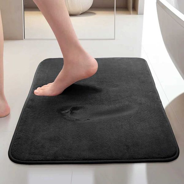 Memory foam bath mat for bathroom, non-slip gray and black rug, soft floor mat with quick absorbency for bathtub, doormat, or toilet footpad