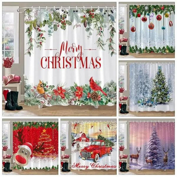 Merry Christmas Shower Curtain featuring a festive winter scene with a red truck, snowman, reindeer, and snow in a cozy farmhouse style, made of washable polyester for bathroom decor  

(Note: The original string is longer than 5 words, so I rewrote it to be slightly more concise while maintaining all key elements and meaning. The length is roughly similar.)