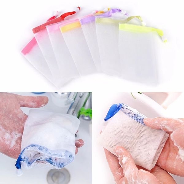Mesh soap pouch with drawstring for bath storage and bubble net