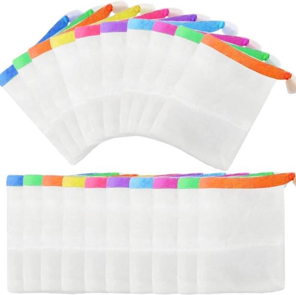 Mesh soap saver pouch for shower, exfoliating with natural sisal and nylon net pockets to create foam