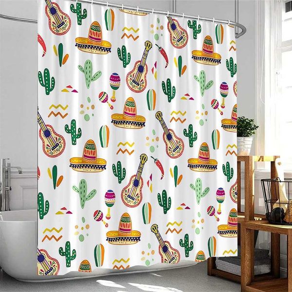 Mexican-themed cartoon shower curtains featuring tropical plants and cacti, made of washable polyester with included hooks
